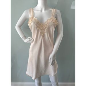 Vintage Blush Pink Satin Slip Dress Lace Applique Lingerie Chemise size Small